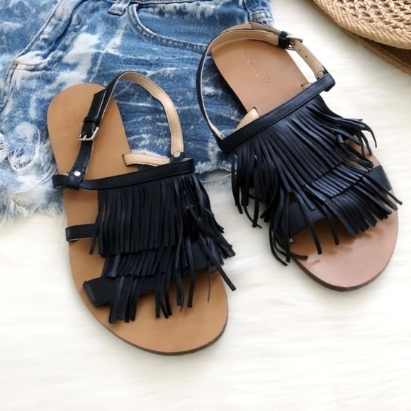J. Crew Leather Fringe Sandal‎  Black Leather Size 7 - Picture 5 of 8